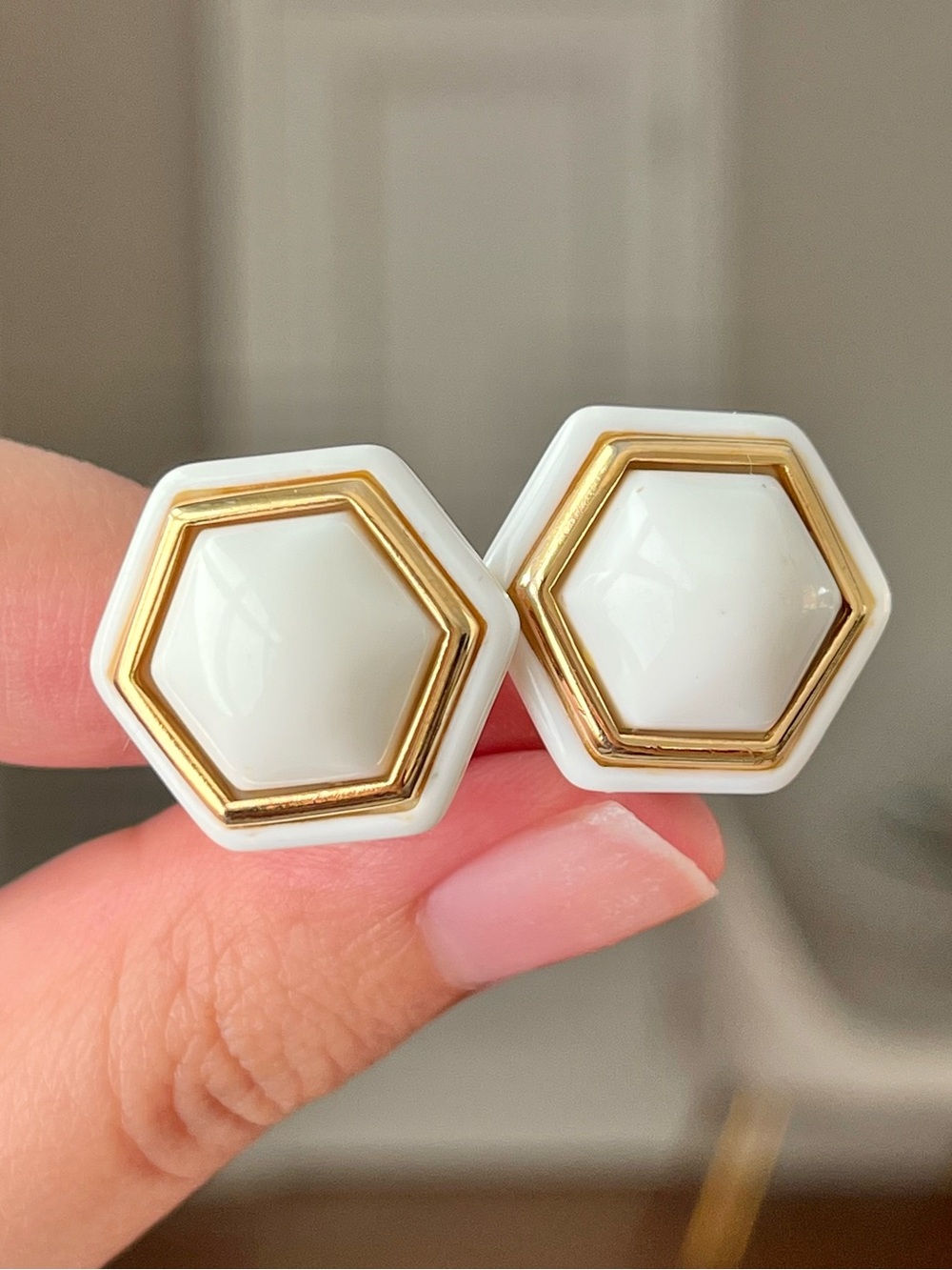 Authentic Vintage Givenchy White Faux Marble Glass Hexagon Gold Clip-on Earrings